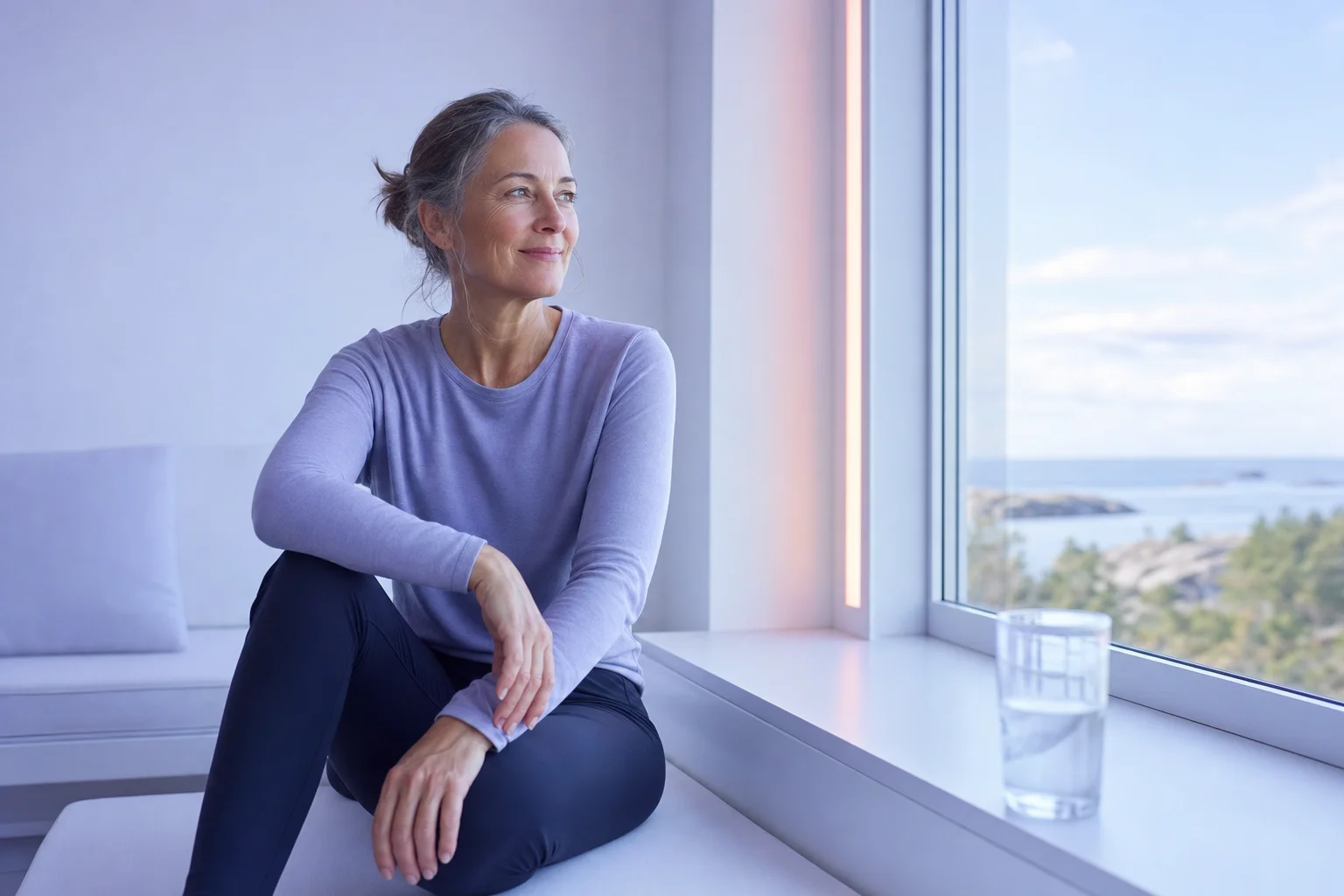 A woman in her fifties in workout clothes sitting by a bright window after a walk, resting and looking out, a glass of water on the sill