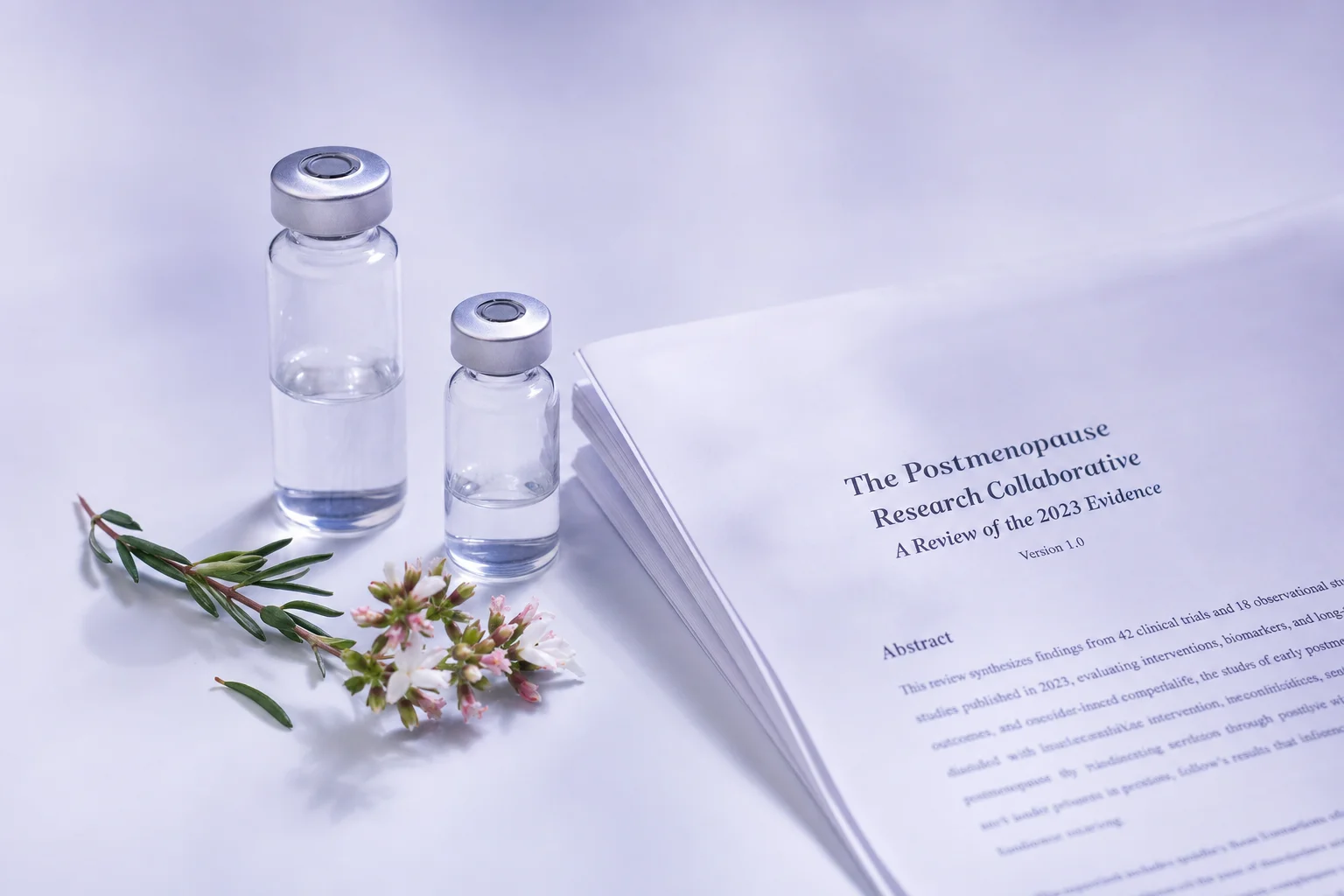 Two glass vials beside a botanical sprig and folded research document on a near-white surface with lavender light
