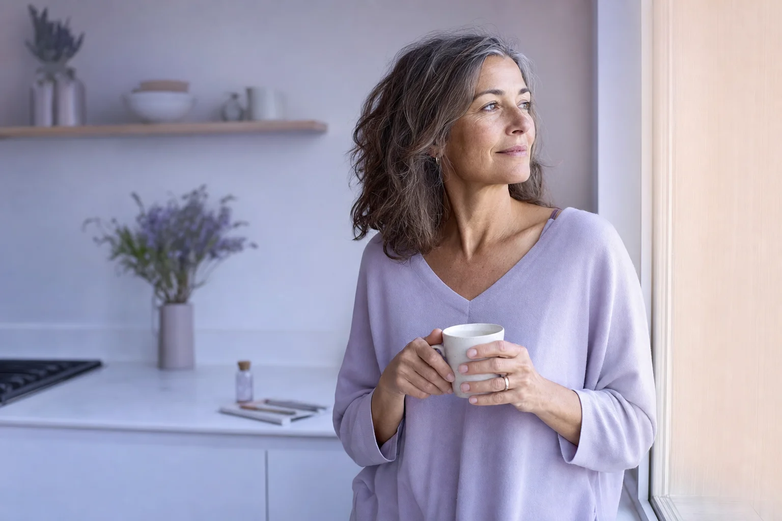 A woman in her fifties with a cup of tea looking toward soft window light in a calm near-white kitchen