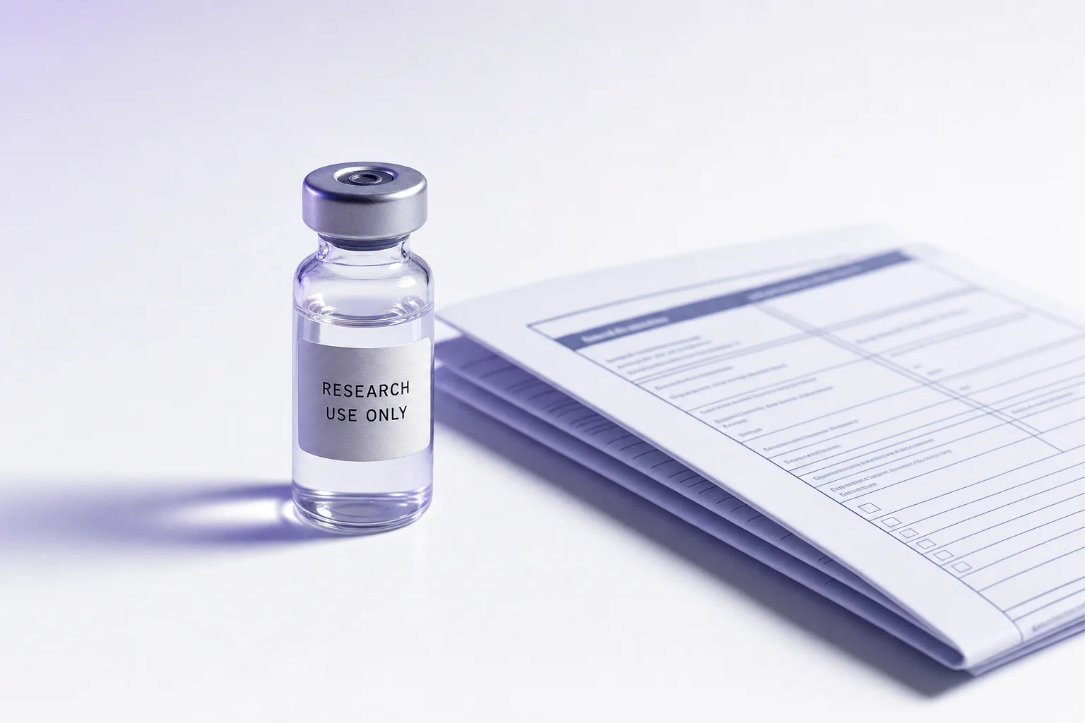 A glass vial with a research use only label beside a regulatory form on a near-white surface with cool lavender light