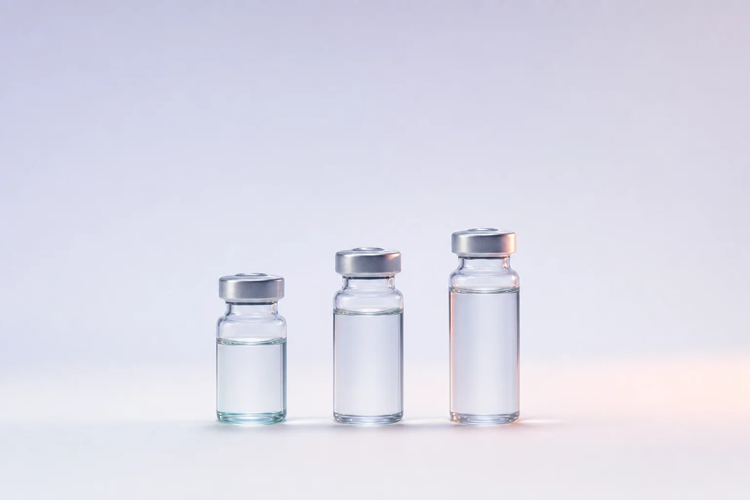 Three glass vials in a row, increasing in height, on a near-white surface with lavender ambient light