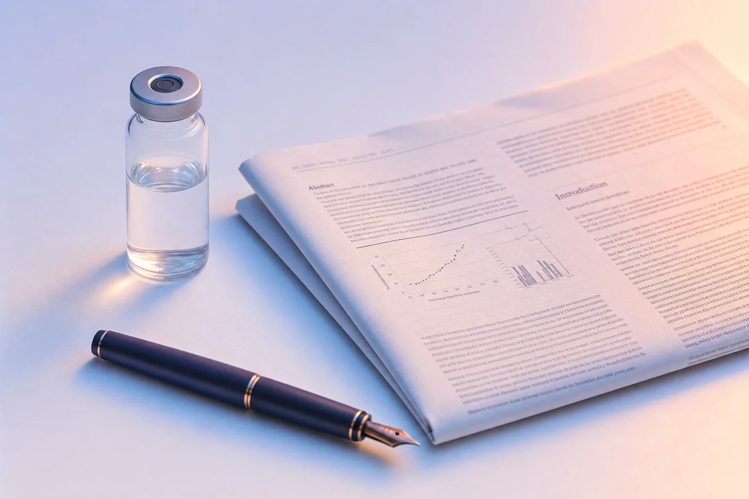 A glass vial beside a folded research paper and fountain pen on a near-white surface with lavender light