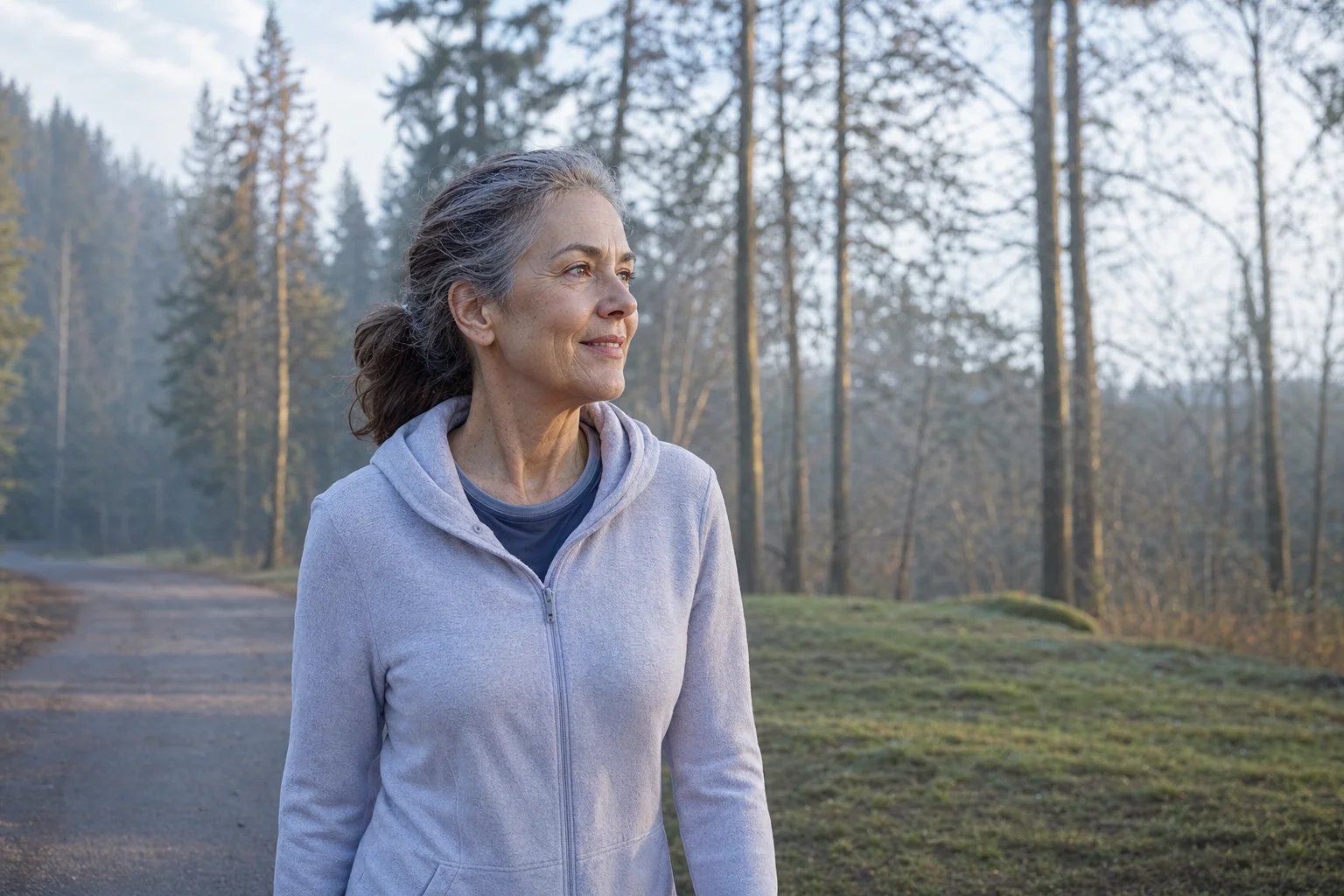 A woman in her mid-fifties smiling on an early morning walk through a forest path in soft cool light