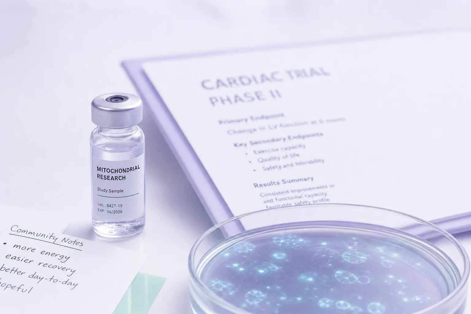 A glass vial beside a blurred cardiac trial document and glowing petri dish on a near-white surface