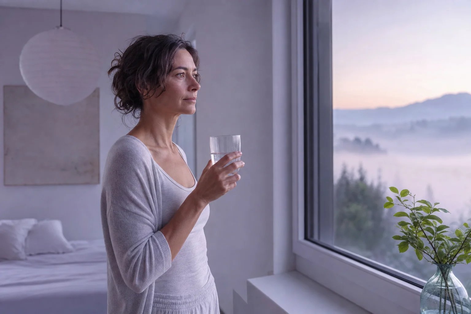 Woman at a window in early morning pre-dawn light, composed and quietly focused, cool lavender aurora tones