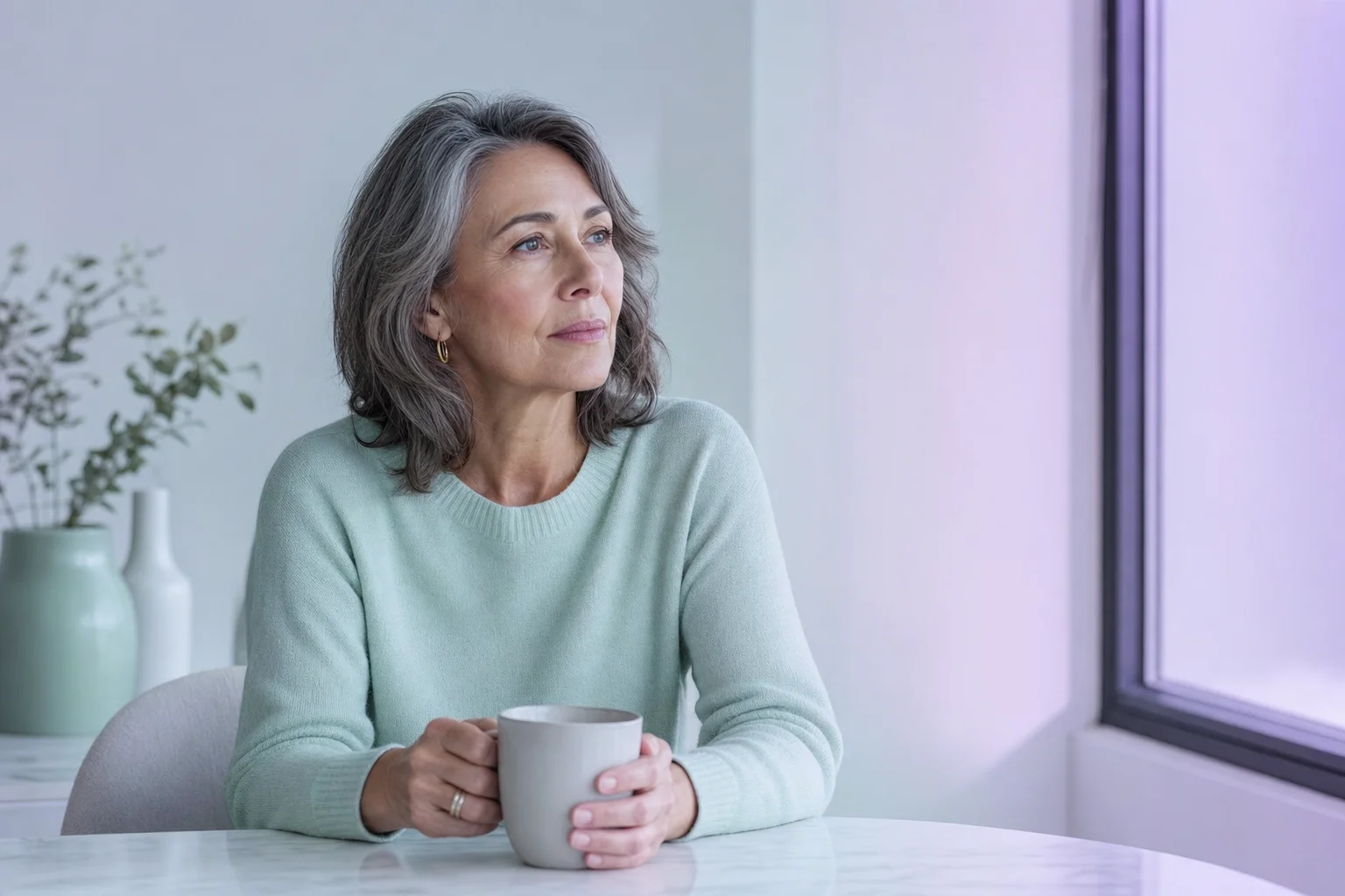Woman in her early fifties with a cup of tea, thoughtful and resilient, cool lavender and mint ambient light