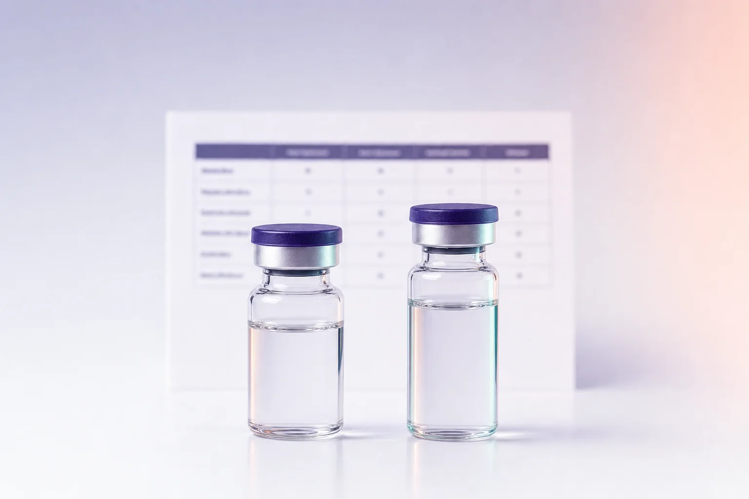 Two glass vials beside a price comparison chart on a near-white surface with cool lavender light