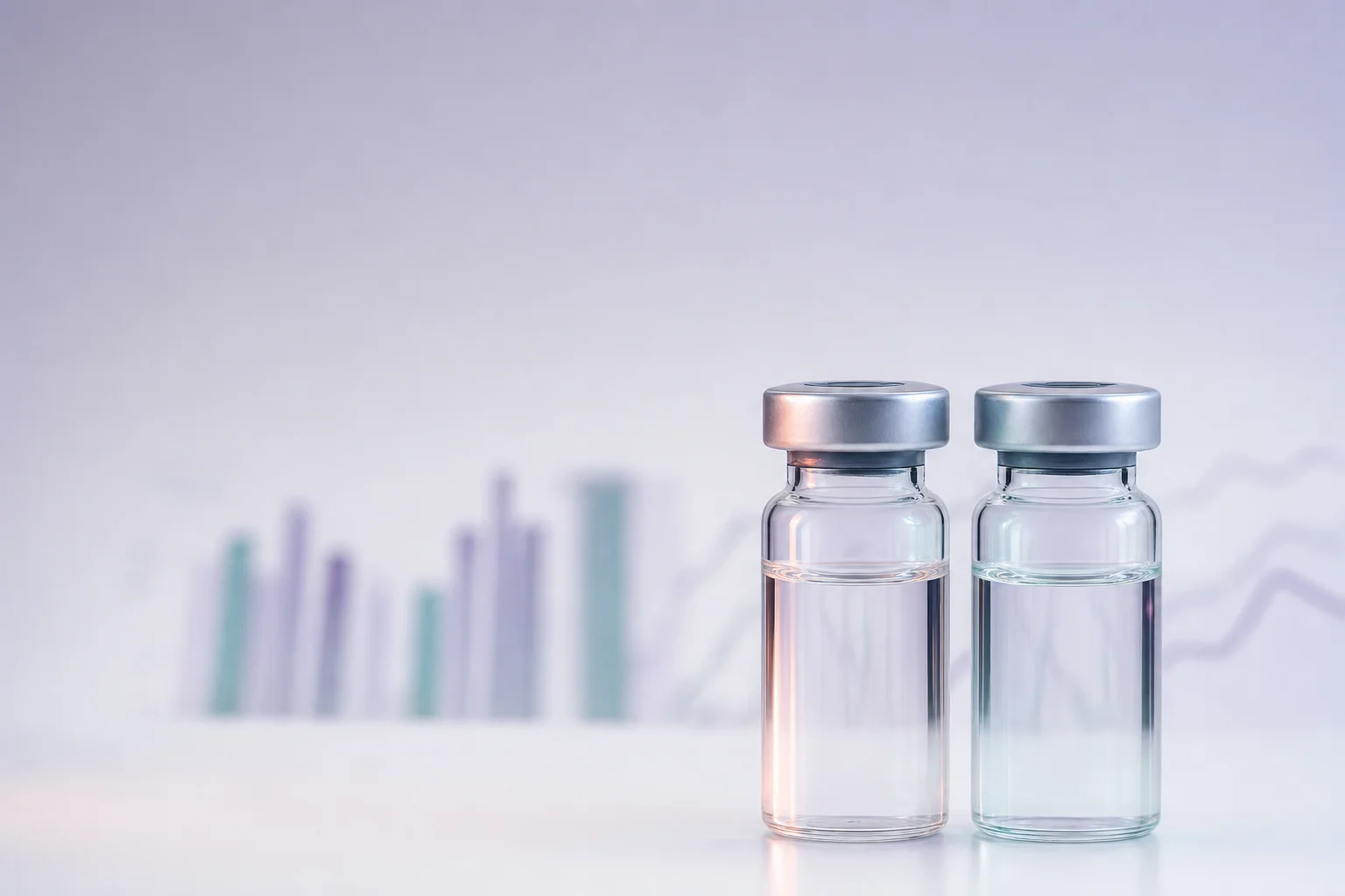 Two glass peptide vials on a clean white surface with blurred clinical trial data in the background