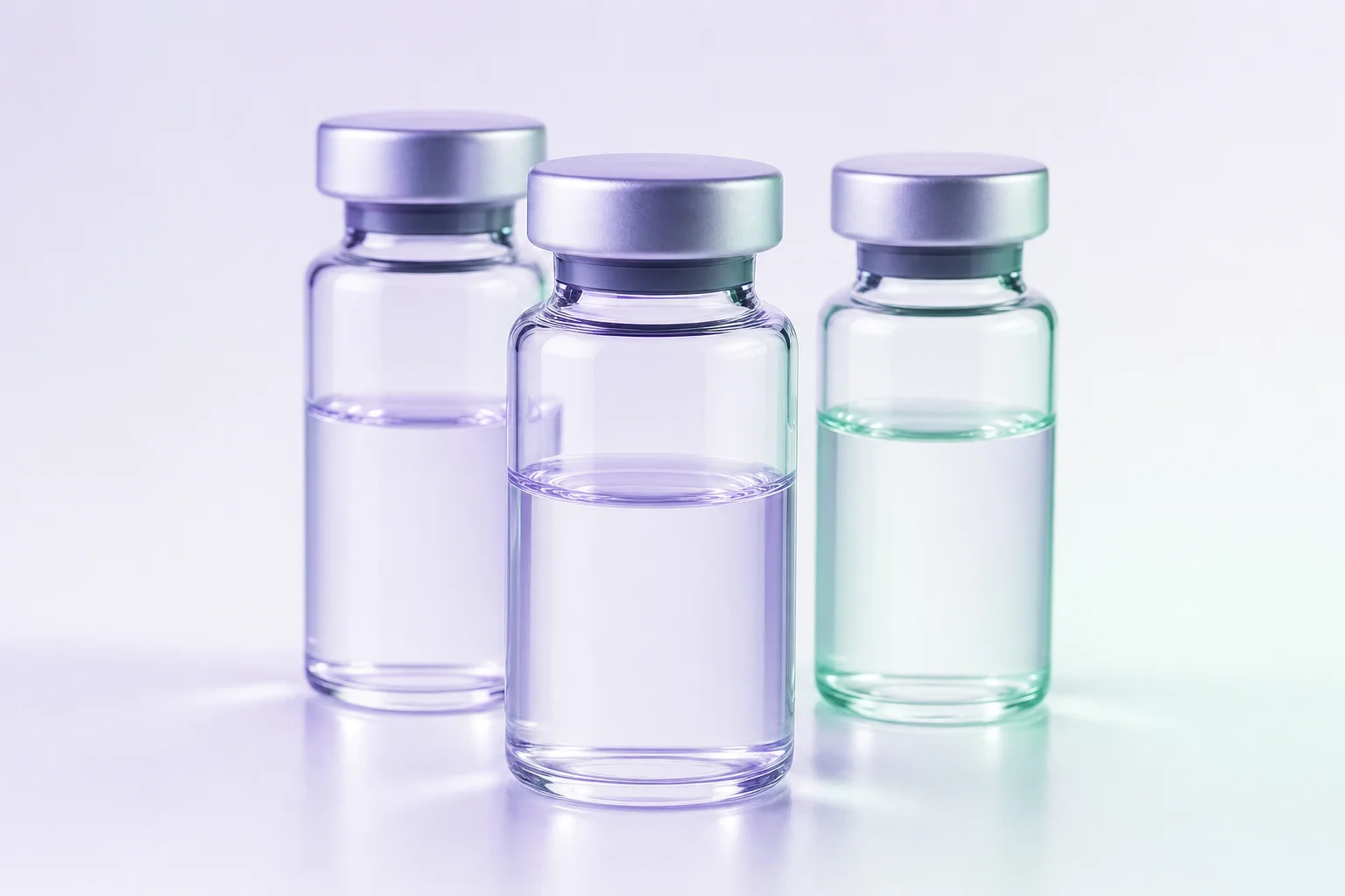 Three glass vials in an overlapping trio on a near-white surface with cool lavender light — suggesting a research stack