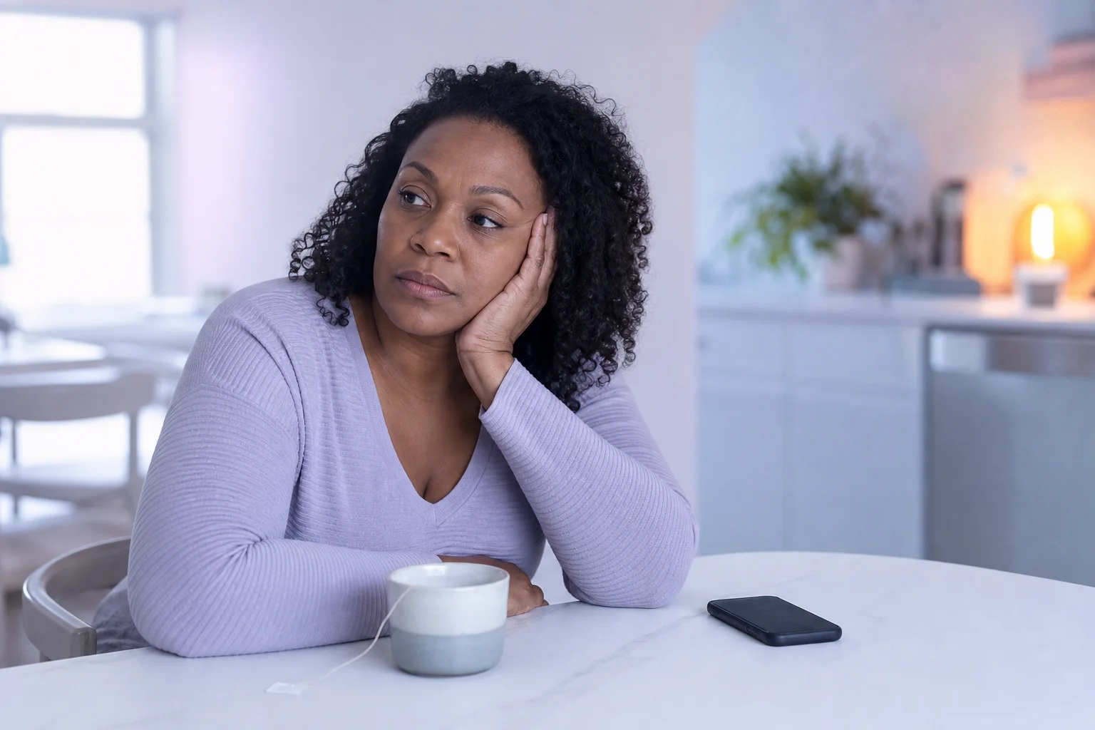 A woman in her forties resting her head in her hand at a near-white kitchen table in soft afternoon light, staring off with a half-finished mug of tea and a phone face-down beside her