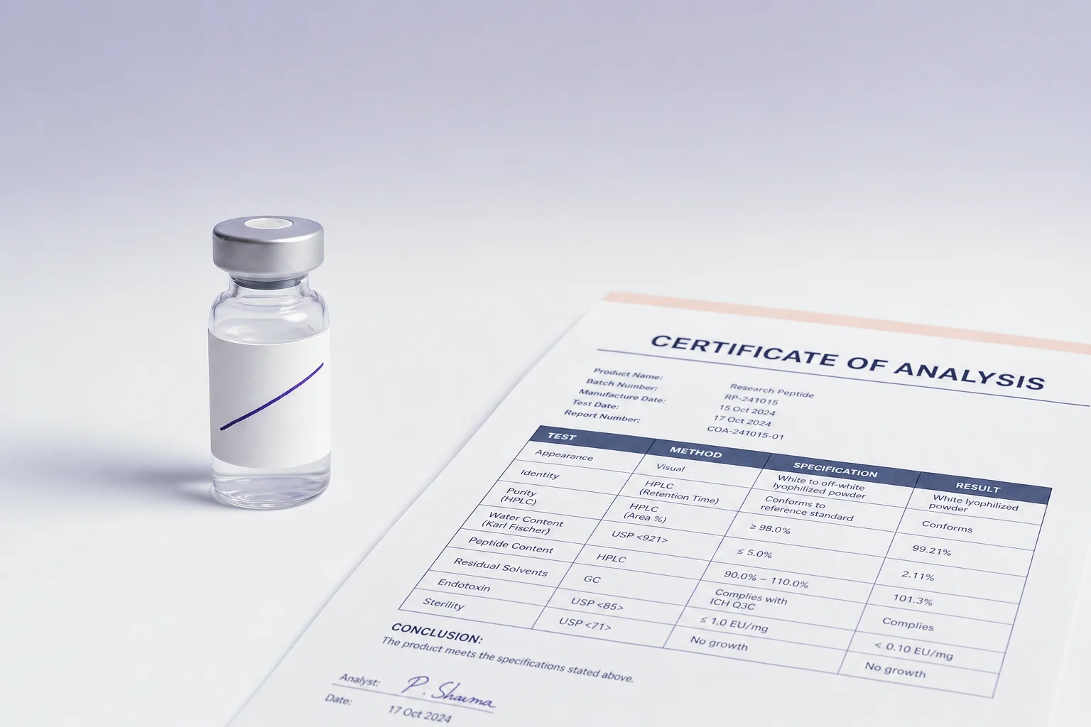 A glass vial with a label crossed out beside a certificate of analysis document on a near-white surface with cool lavender light