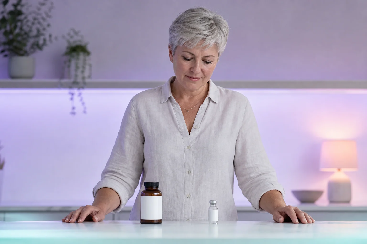 A woman in her early fifties with short silver hair standing at a near-white kitchen counter, looking down between an amber capsule bottle and a much smaller glass vial set side by side