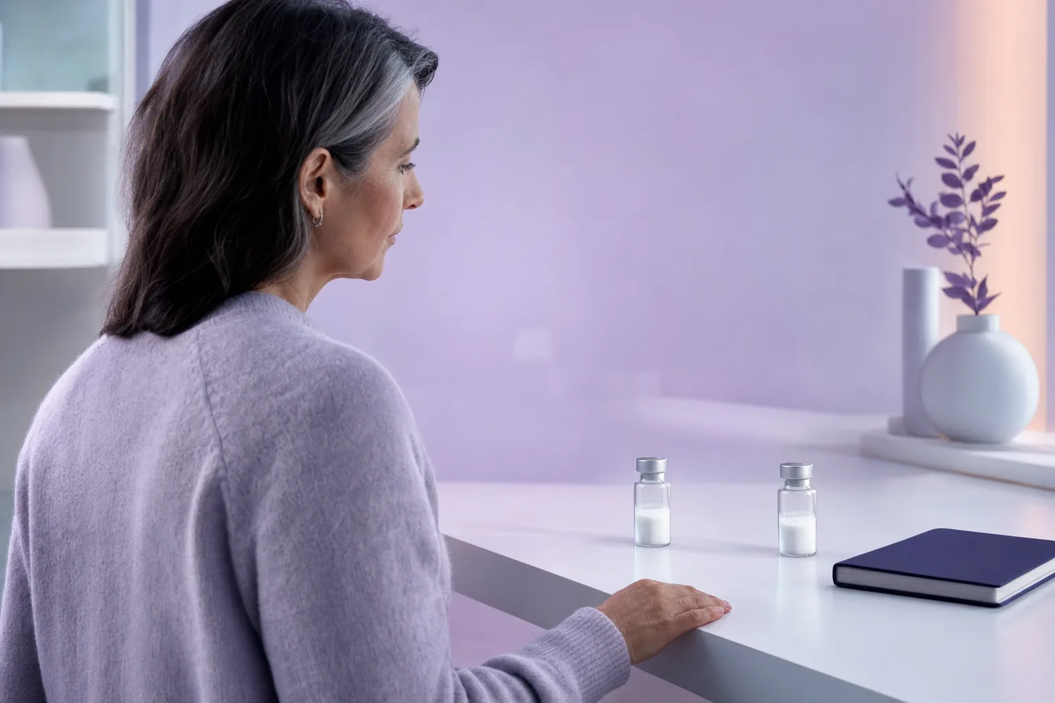 A woman in her fifties at a white counter considering two glass vials side by side, in cool lavender light with a soft peach accent