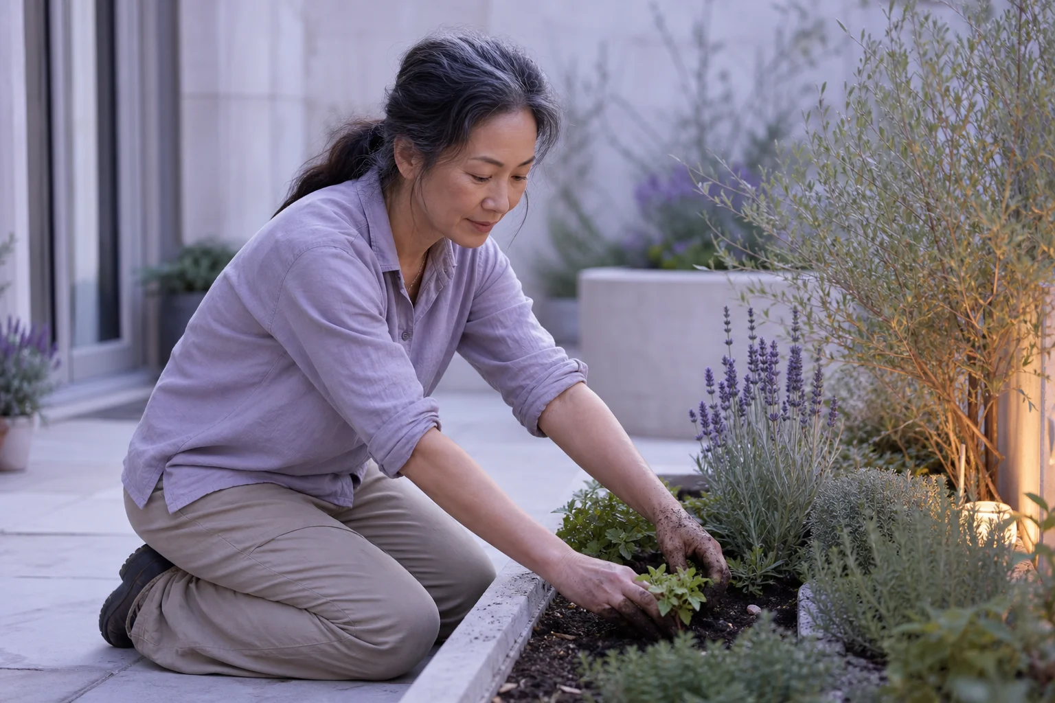 An East Asian woman in her early fifties kneeling comfortably at a raised planting bed on a bright patio, hands in the soil, planting lavender in soft cool light