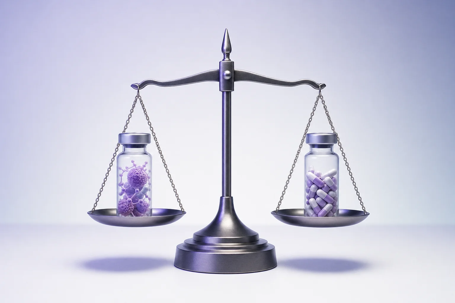 Two glass vials on a balance scale on a near-white surface with cool lavender light — evoking contrasting approaches to fat loss research