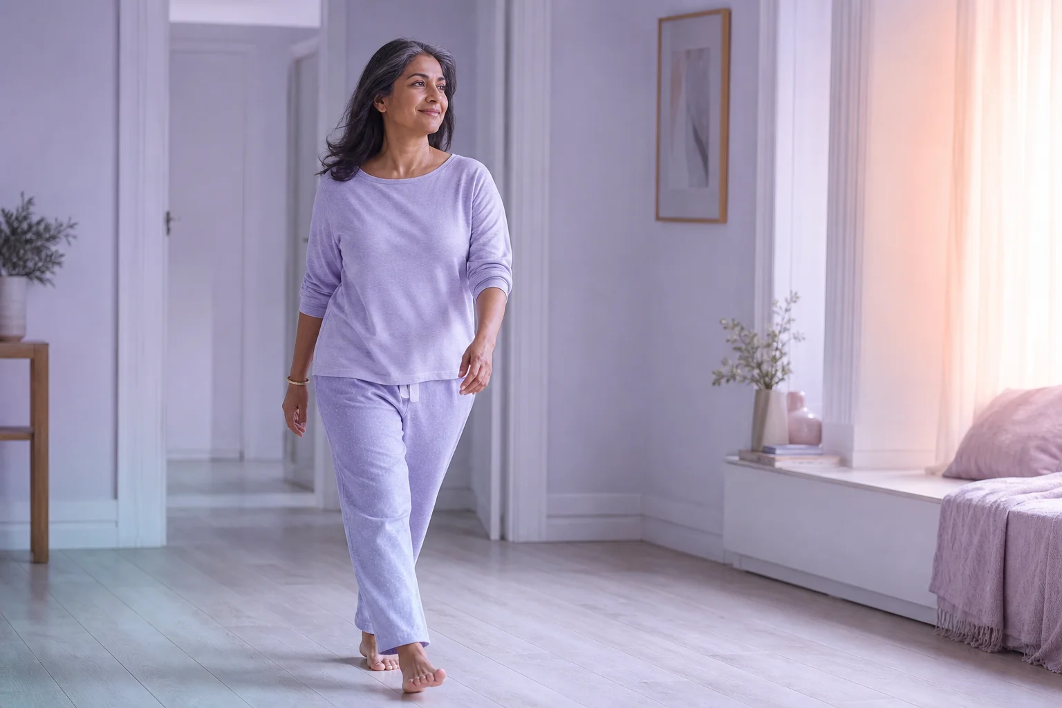 A South Asian woman in her early fifties walking barefoot and unguarded across a pale wooden floor in morning light, her feet relaxed and comfortable