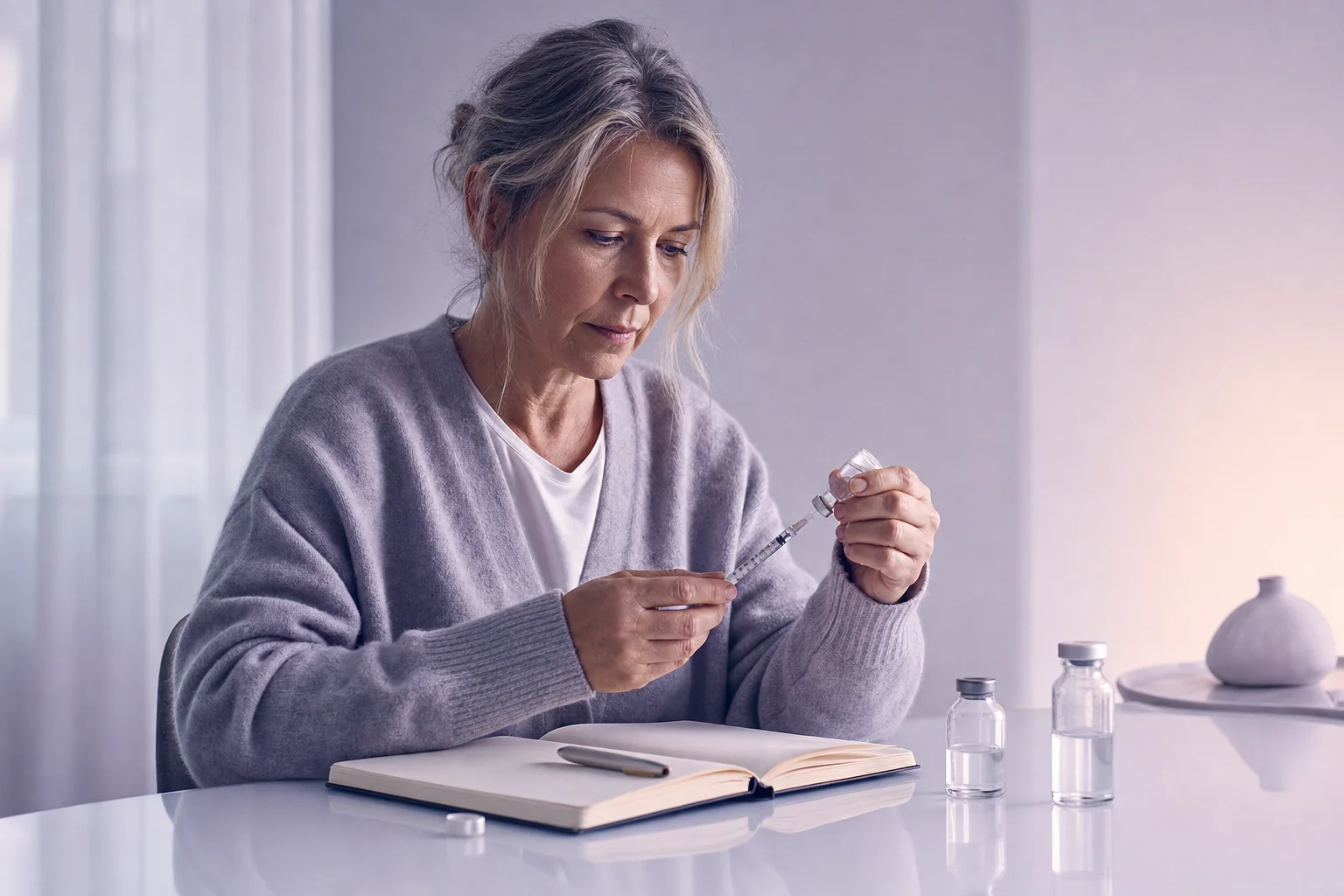 A woman in her fifties at a white table carefully drawing from a vial into an insulin syringe, a second vial and an open notebook beside her