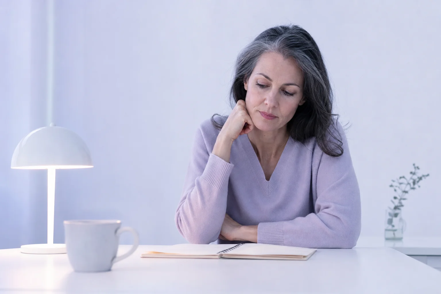 A woman in her fifties thoughtfully reading a notebook at a near-white desk in soft cool lavender light, a warm lamp and cup beside her