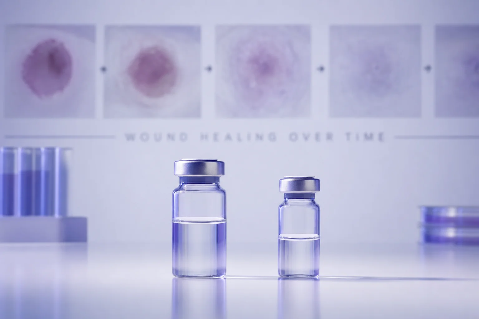 Two glass vials positioned for comparison beside blurred tissue repair imagery on a near-white surface