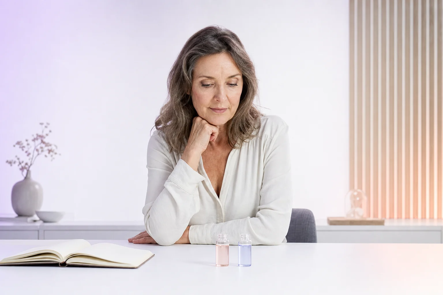 A woman in her late forties at a clean white desk weighing two small glass vials side by side in soft lavender light