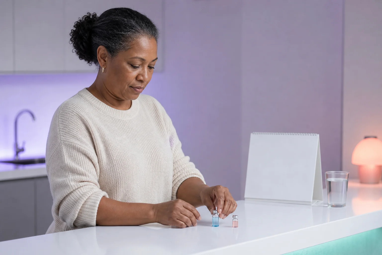 A Black woman in her early fifties setting two small glass vials side by side on a near-white kitchen counter in soft lavender light, laying out her week