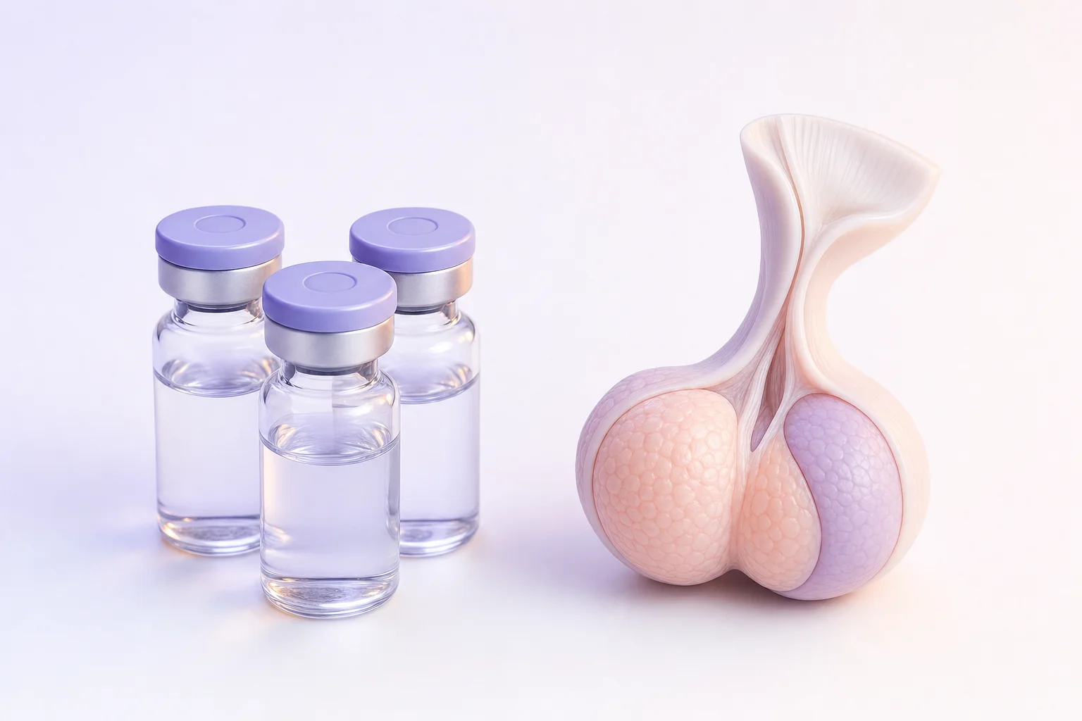 Three glass vials in a triangular cluster beside a pituitary gland diagram on a near-white surface with cool lavender light