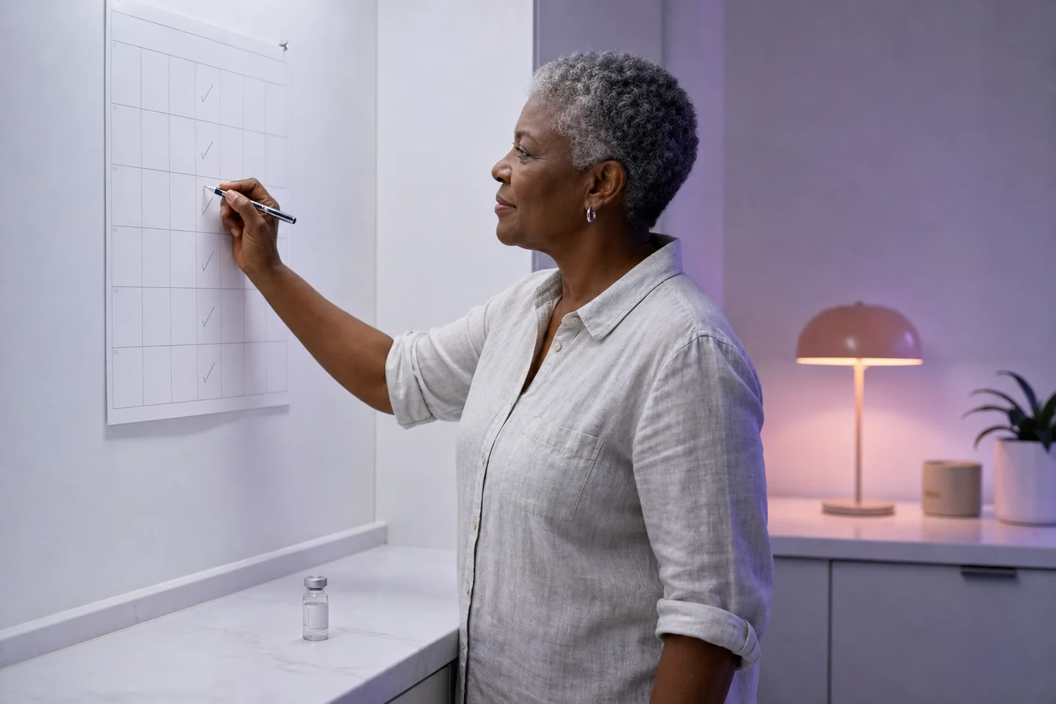 A Black woman in her mid-fifties ticking one day a week on a paper wall calendar, a single labelled vial on the counter below, marking out a weekly injection schedule
