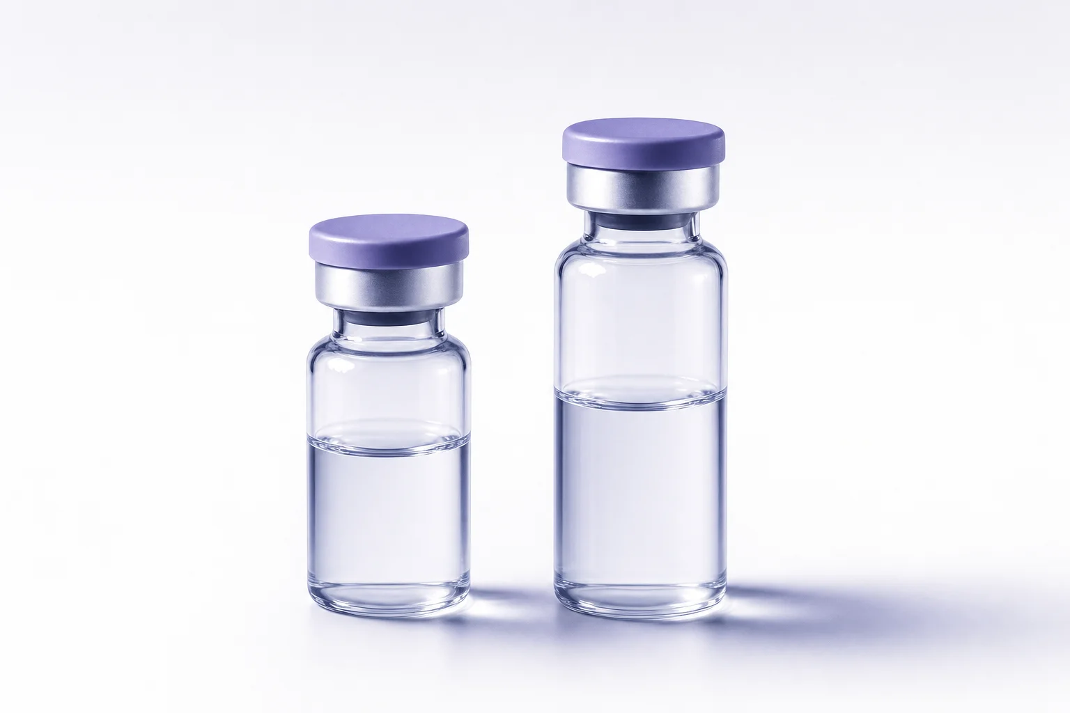 Two glass vials side by side on a near-white surface with cool lavender light — evoking a GHRH analog comparison