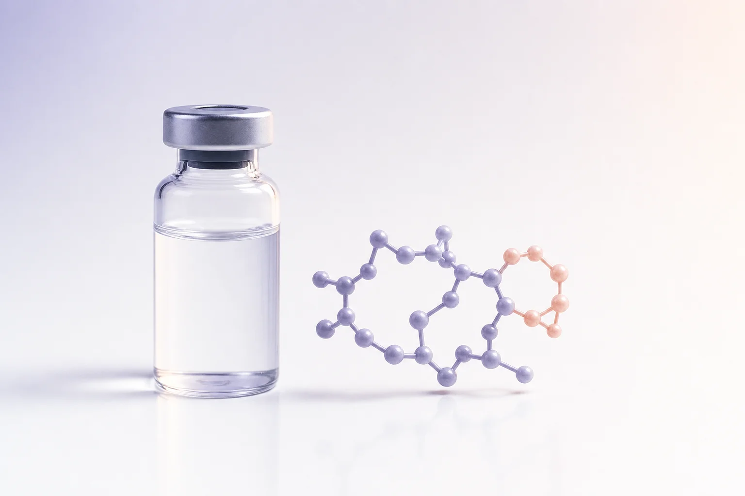 A glass vial beside a molecular modification symbol on a near-white surface with cool lavender light — evoking a half-life extension