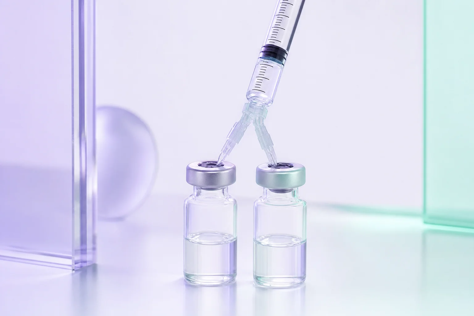 A syringe drawing up liquid from two small vials on a near-white surface with cool lavender light