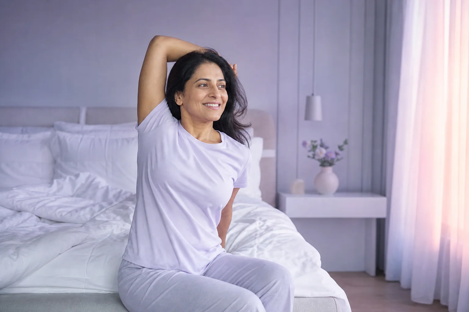 A South Asian woman in her late forties sitting on the edge of her bed in bright morning light, stretching and smiling after a good night's sleep