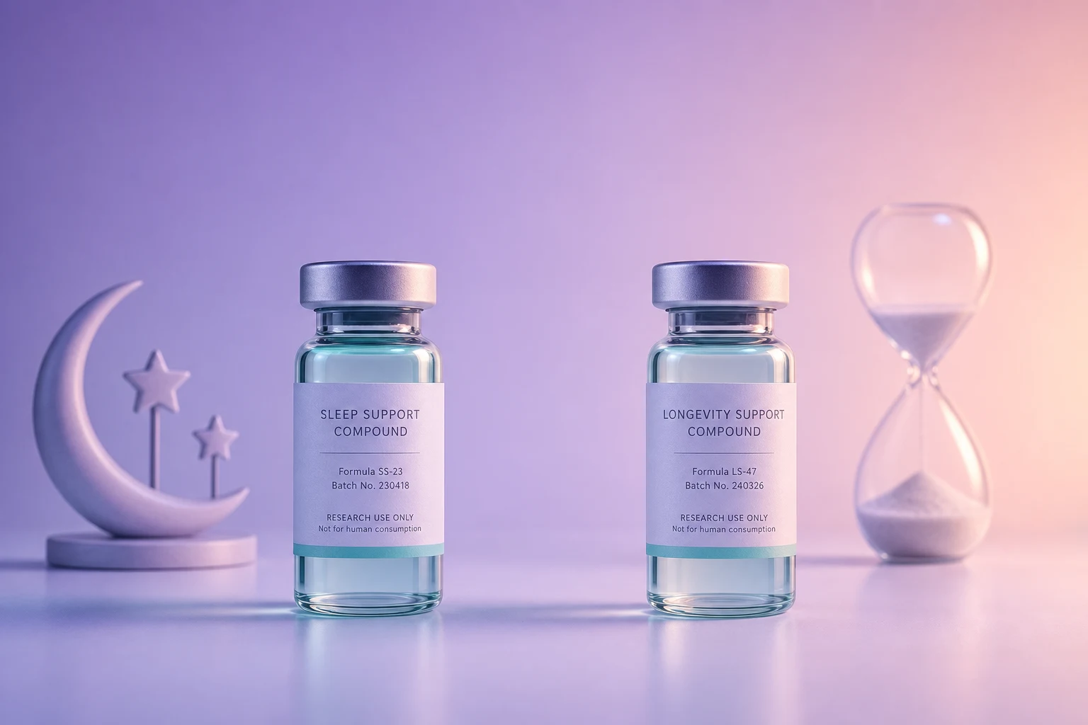 Two glass research vials side by side on a near-white surface with lavender ambient light, a crescent-moon ornament beside one and a glass hourglass beside the other