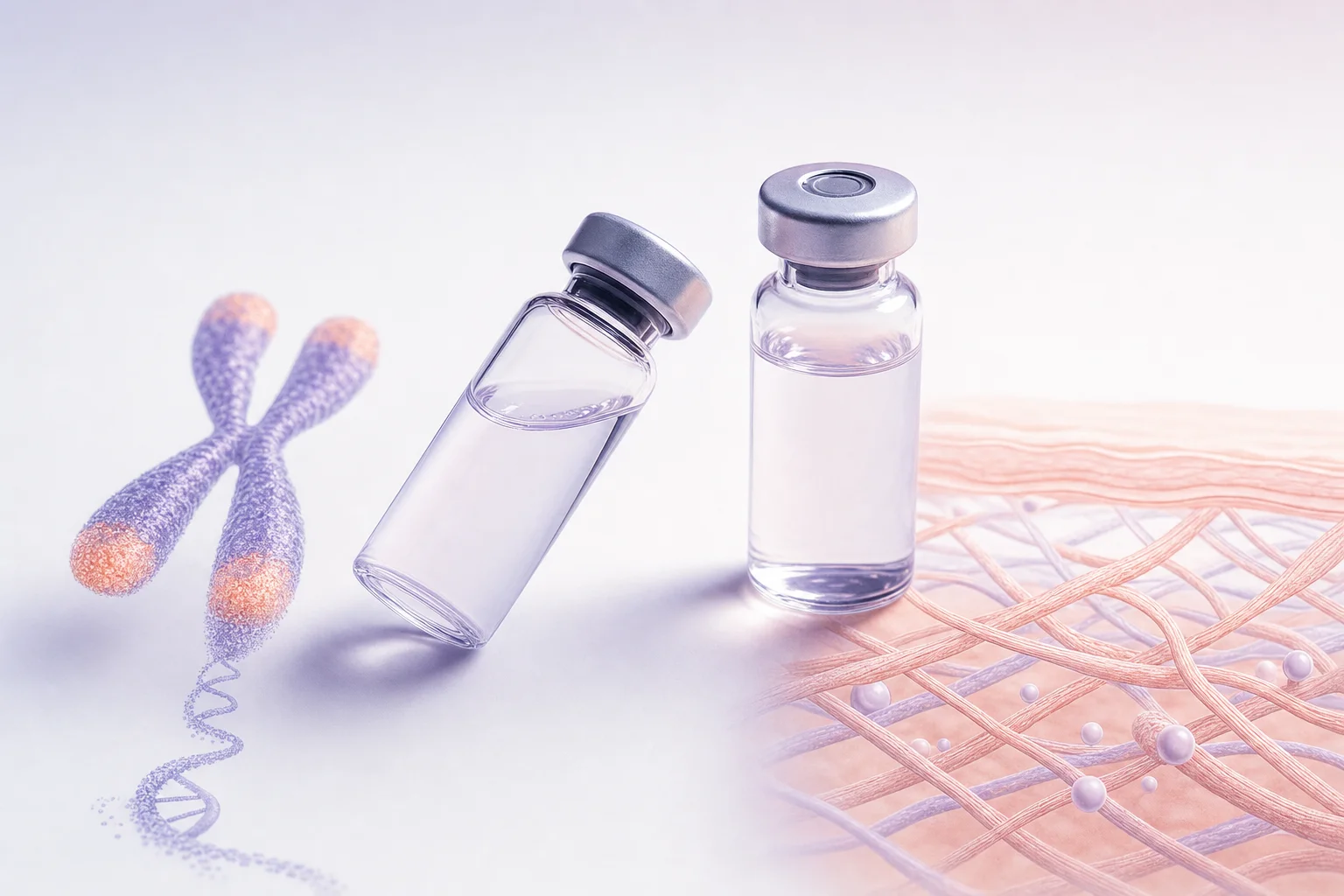 Two glass vials on a near-white surface — one beside a telomere diagram, one beside a collagen sketch — evoking two different anti-aging research angles