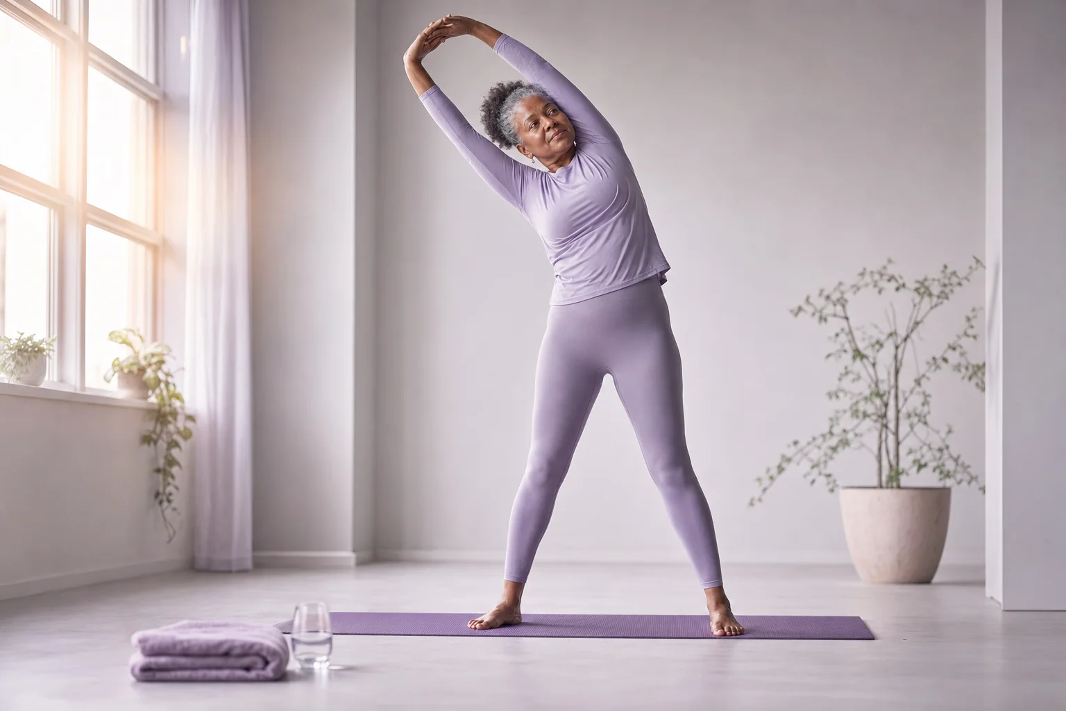 A Black woman in her sixties in a standing side stretch on a yoga mat in a sunlit room, a folded towel and glass of water nearby