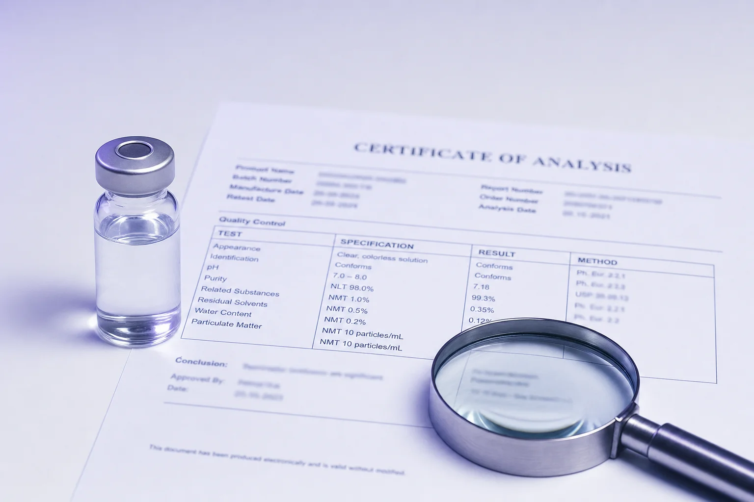 A glass vial beside a certificate of analysis document and magnifying glass on a near-white surface