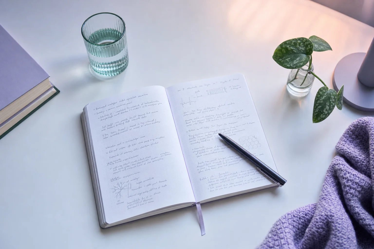 Desk flat-lay with open notebook, handwritten notes, and a small botanical cutting — the start of careful independent research
