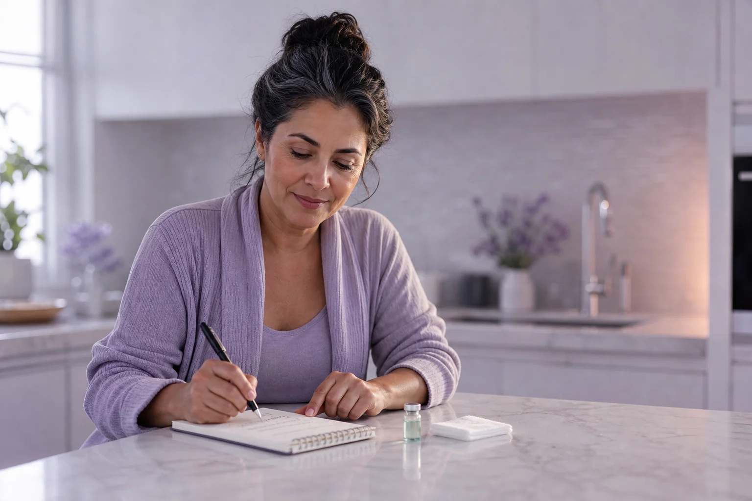 A woman in her fifties at a near-white marble kitchen counter in soft lavender morning light, writing in a paper dosing log beside a thumb-sized glass vial and a cotton pad