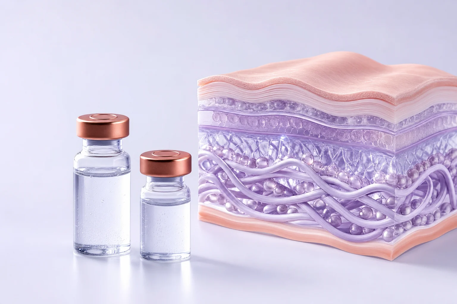 Two glass vials beside a skin collagen cross-section diagram on a near-white surface with cool lavender and copper light