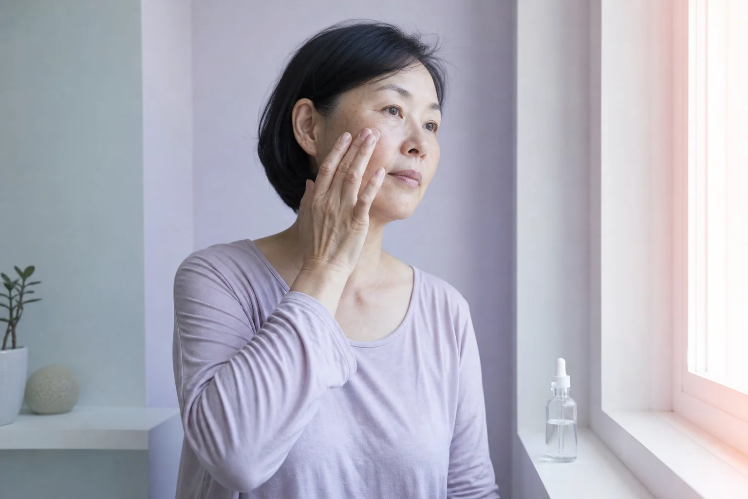 An East Asian woman in her early fifties pressing serum into her cheek by a bright window, real skin texture, a small dropper bottle on the sill beside her
