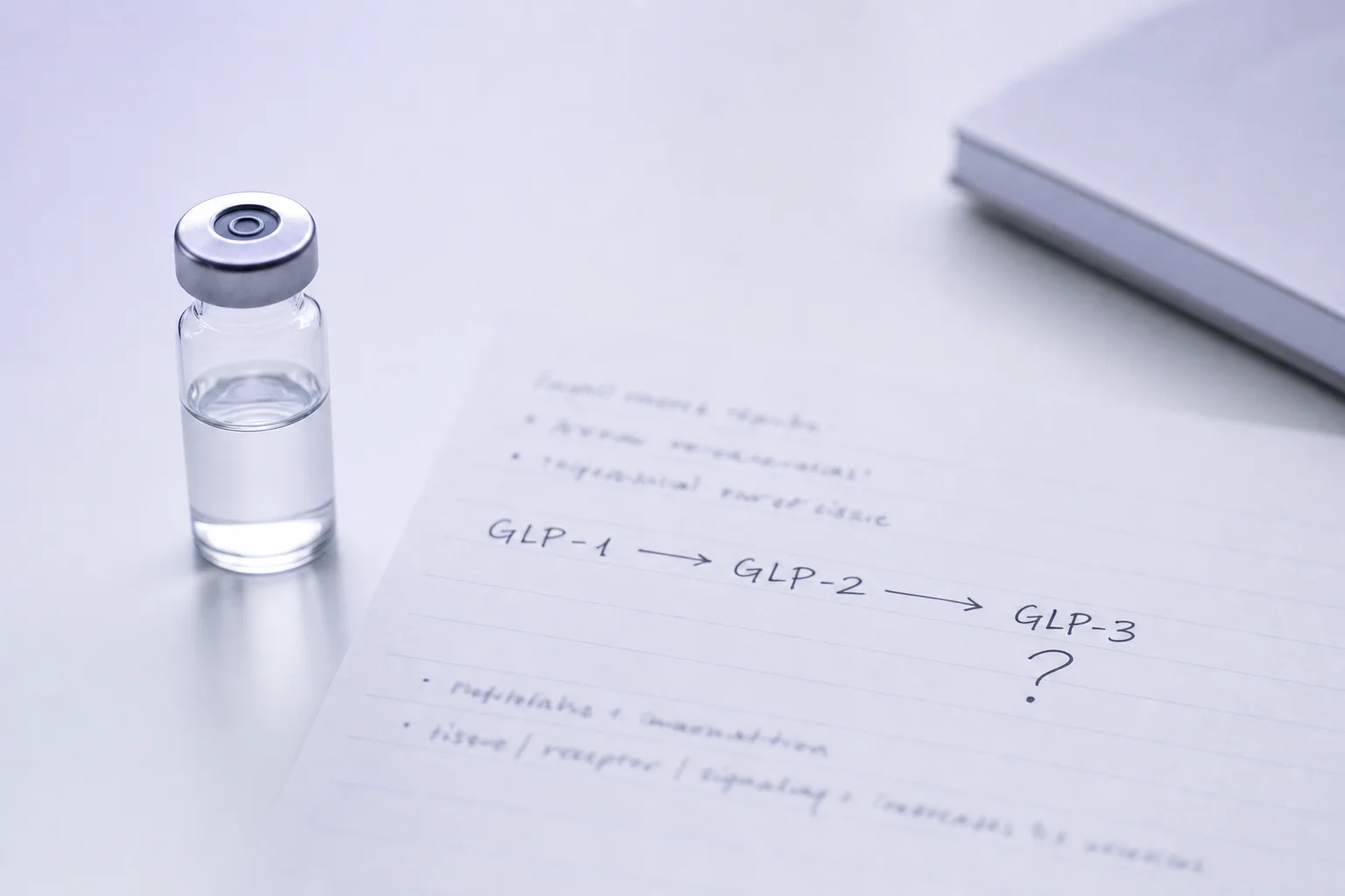 A glass vial beside a handwritten GLP-1/2/3 note on a near-white surface with lavender ambient light