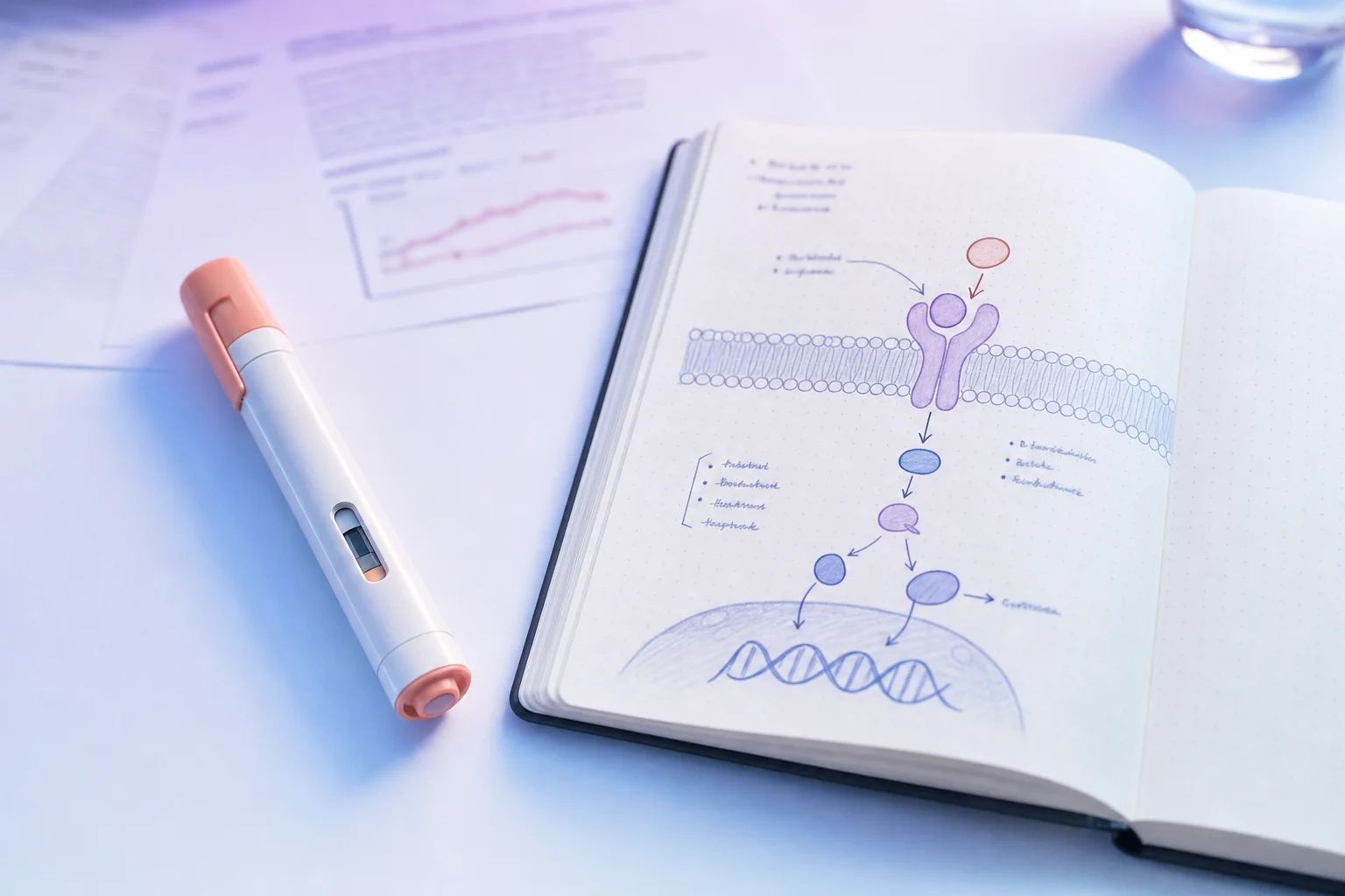 An autoinjector pen beside a notebook with a hand-drawn receptor diagram on a near-white surface with lavender light