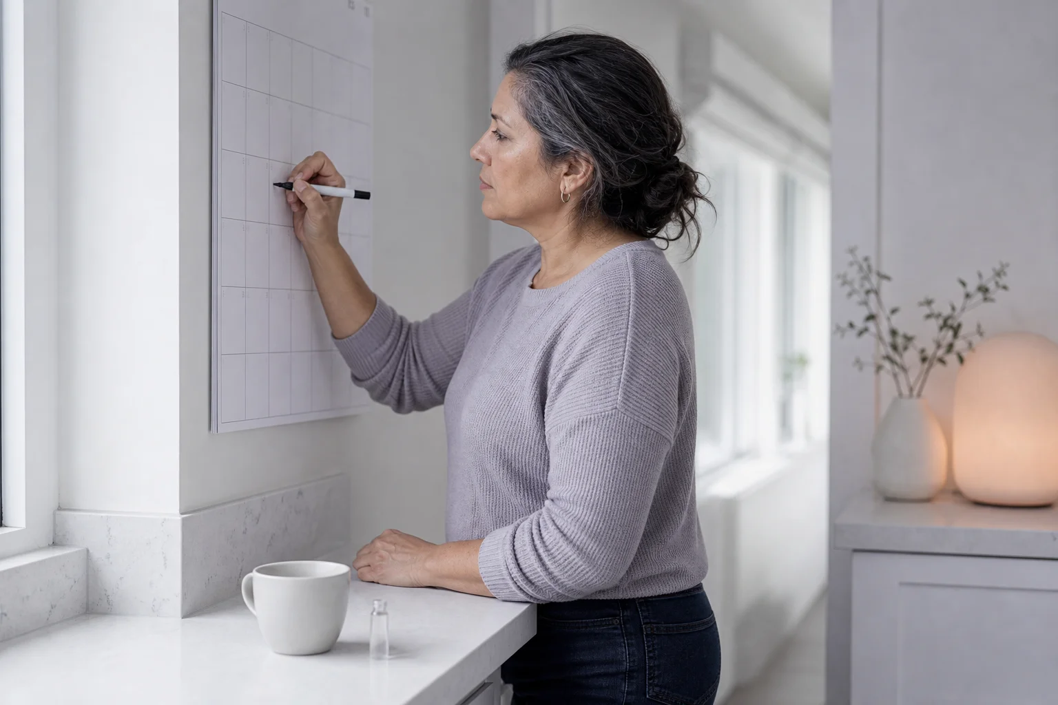 A Latina woman in her early fifties marking a date on a paper wall calendar in a near-white kitchen in cool morning light, a mug and a small thumb-sized glass vial on the counter beside her