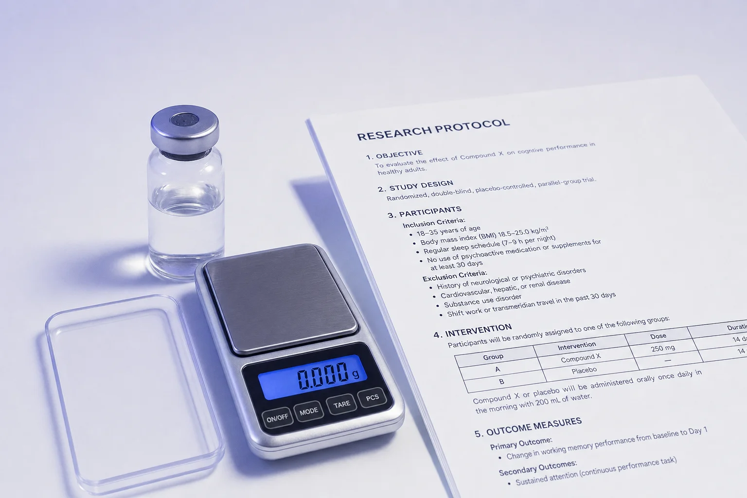 A glass vial beside a small scale and printed research protocol on a near-white surface with lavender light