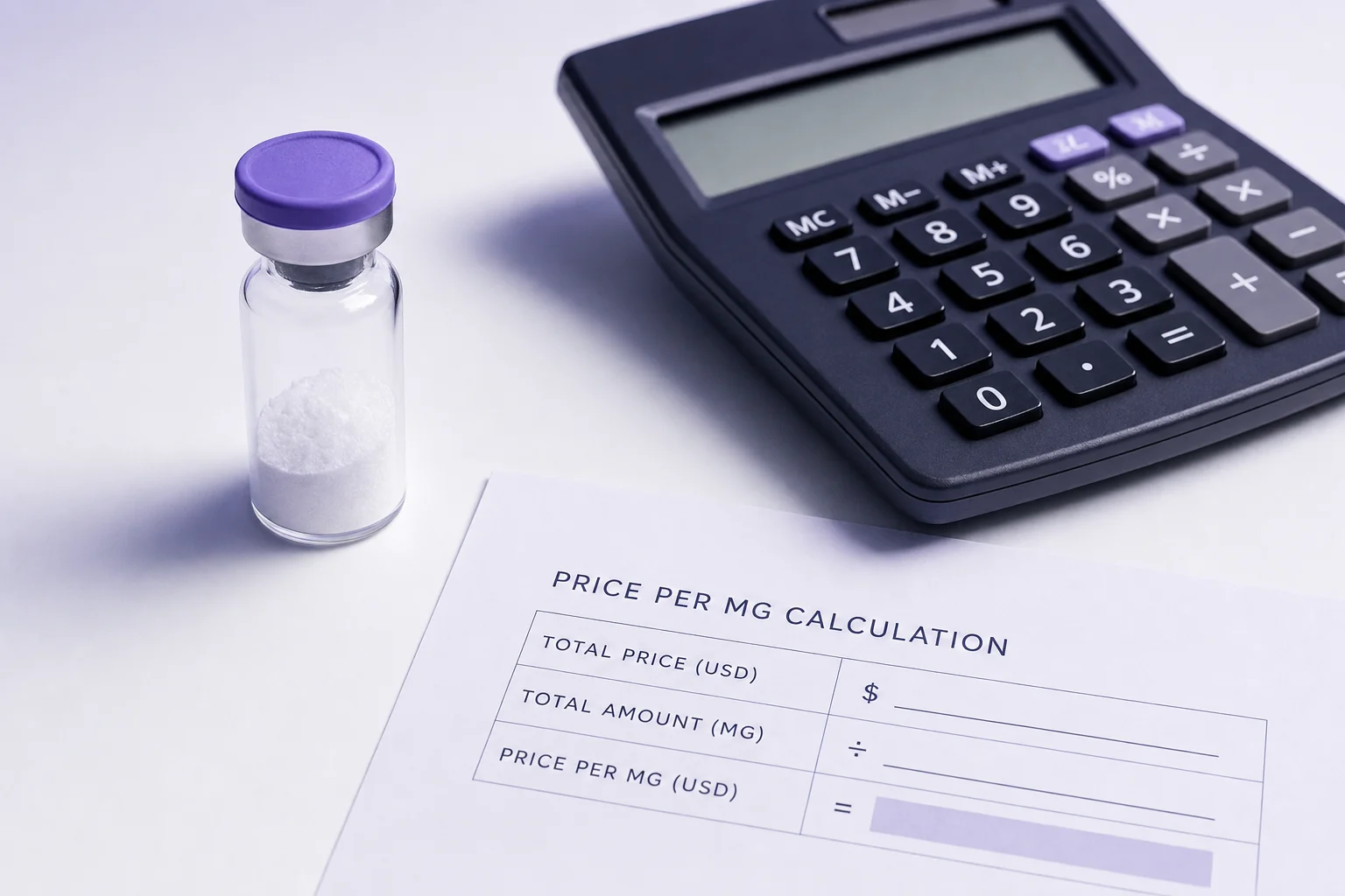 A glass vial beside a calculator and price-per-mg worksheet on a near-white surface with cool lavender light
