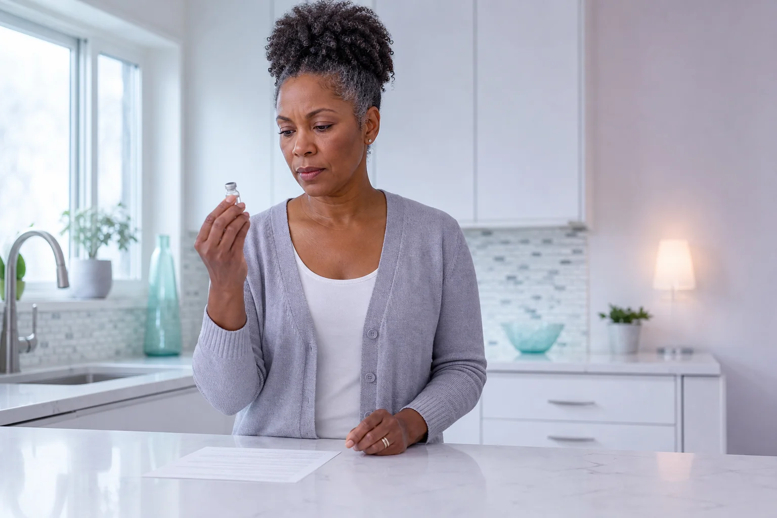A Black woman in her early fifties at a white kitchen counter, holding a thumb-sized vial up to read its label, a certificate lying flat on the counter beside her