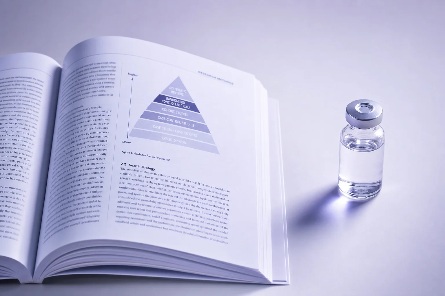An open academic journal with a blurred evidence pyramid beside a glass vial on a near-white surface