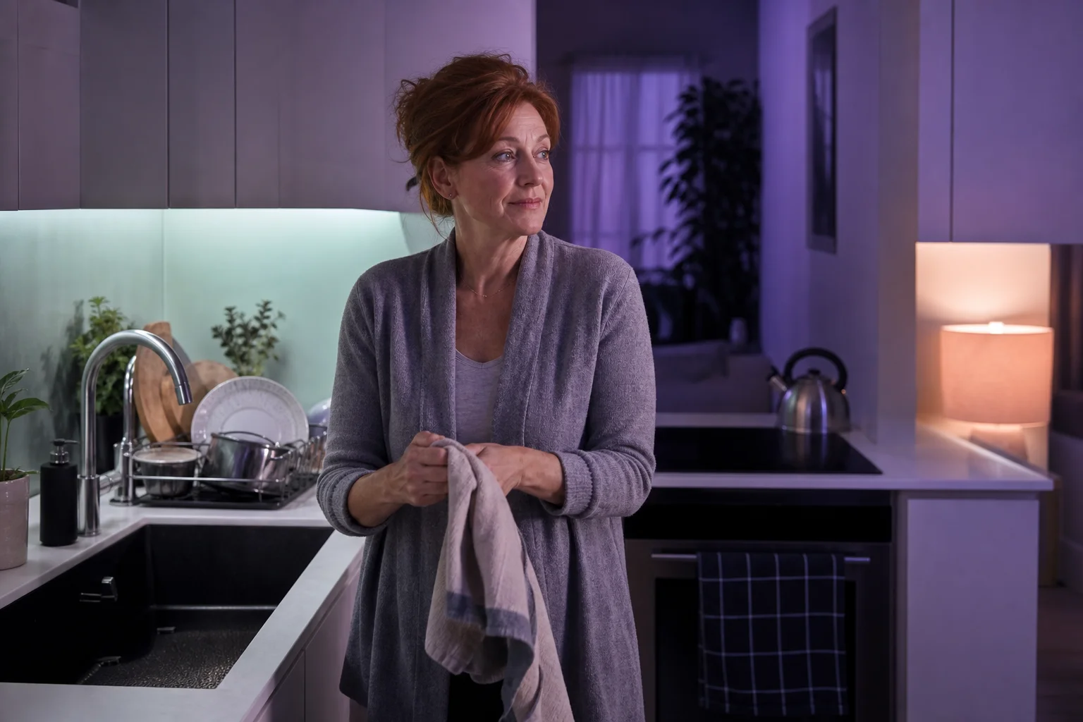 A woman in her mid-fifties drying her hands at the kitchen sink in the evening, dinner plates and a saucepan draining in the rack beside her, the meal over and the kitchen closed