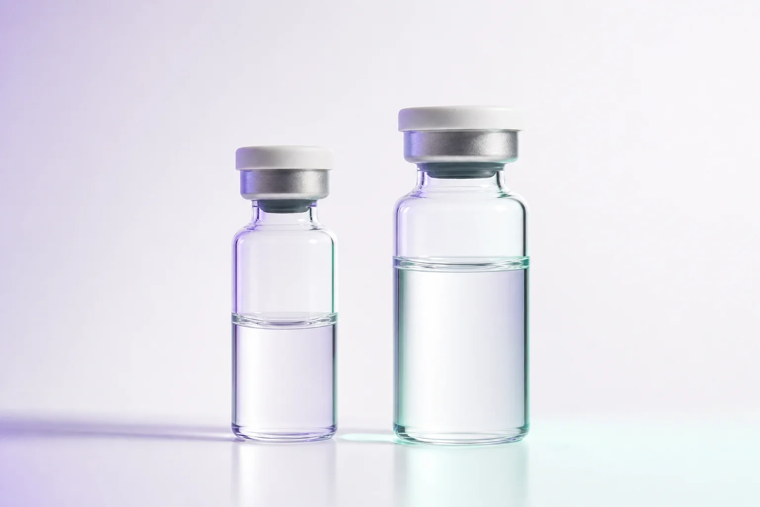 Two glass vials side by side on a near-white surface with cool lavender light — evoking a selectivity comparison between growth hormone secretagogues