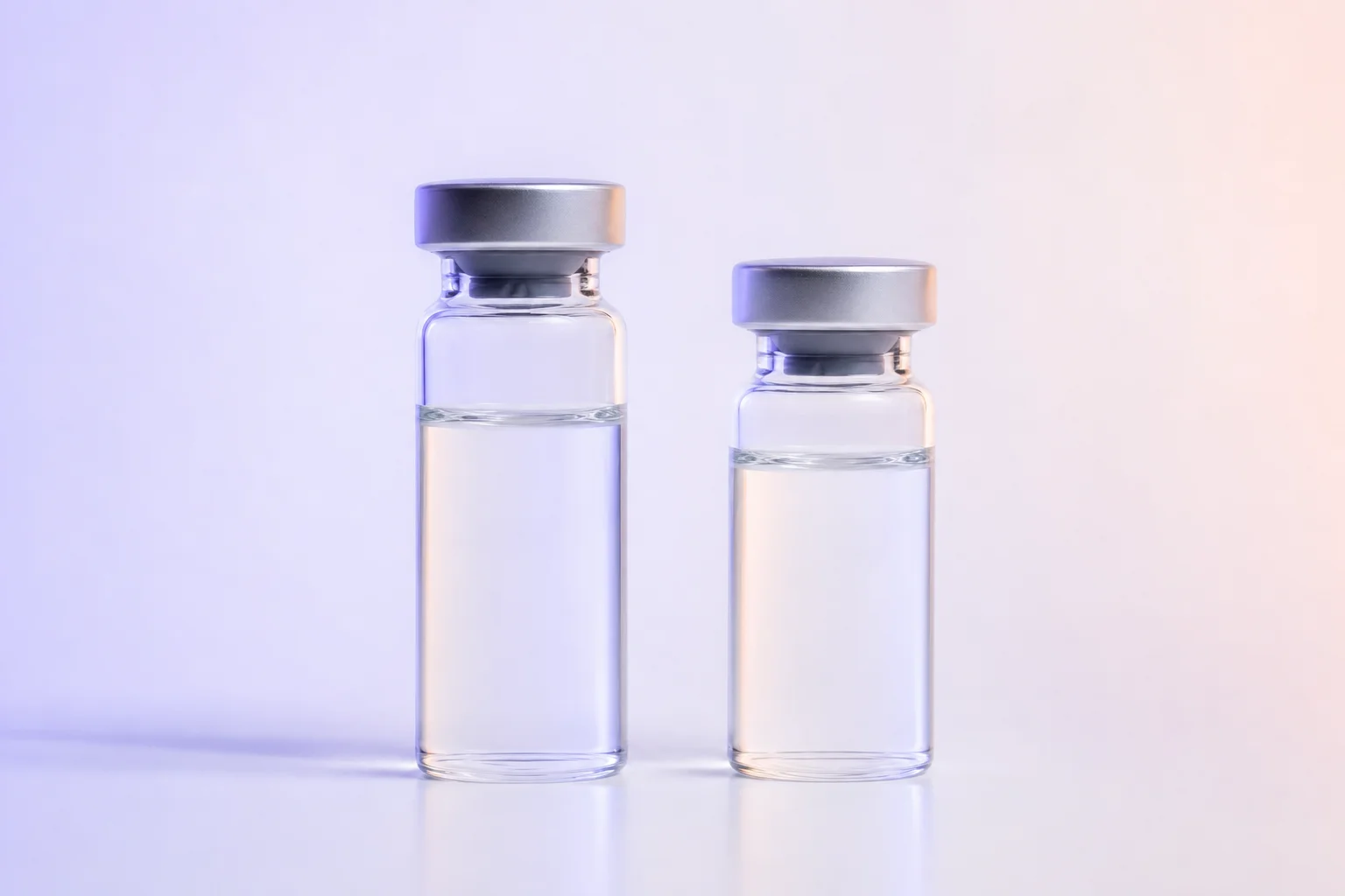 Two glass vials side by side on a near-white surface with cool lavender light — evoking a comparison between two similar growth hormone peptides