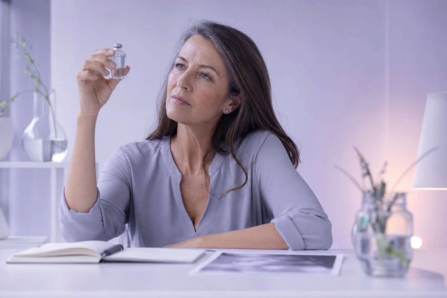 A woman in her fifties at a near-white desk holding a small glass vial up to soft lavender light, reading with calm, focused attention